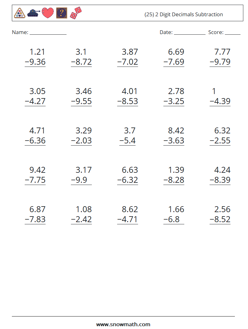 (25) 2 Digit Decimals Subtraction Maths Worksheets 18