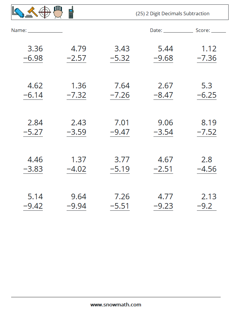 (25) 2 Digit Decimals Subtraction Maths Worksheets 2