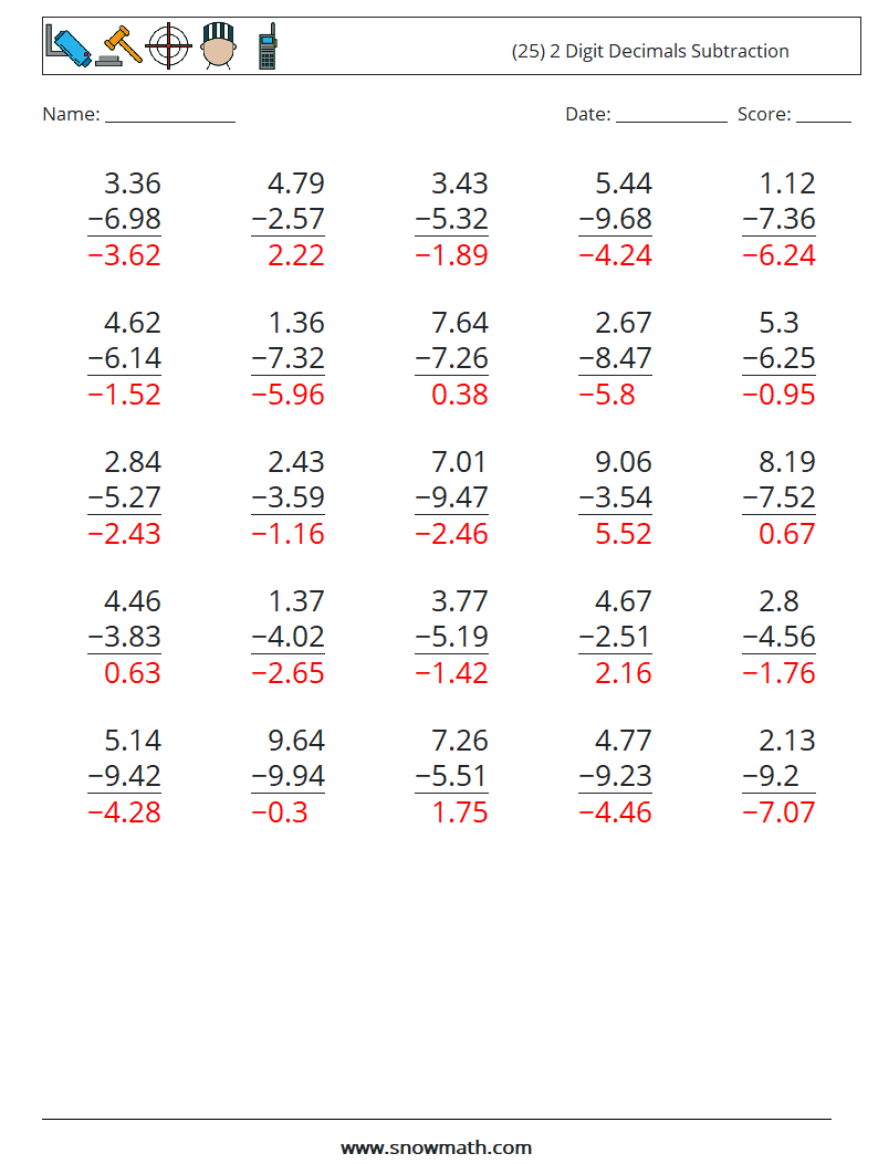 (25) 2 Digit Decimals Subtraction Maths Worksheets 2 Question, Answer