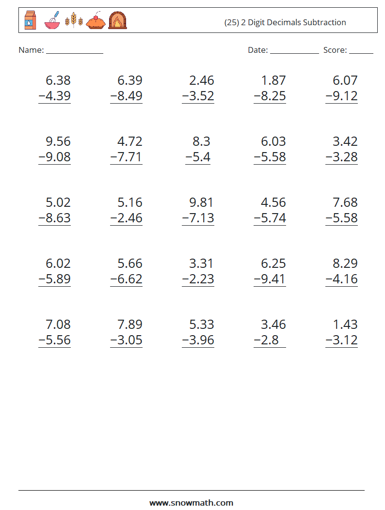 (25) 2 Digit Decimals Subtraction Maths Worksheets 4