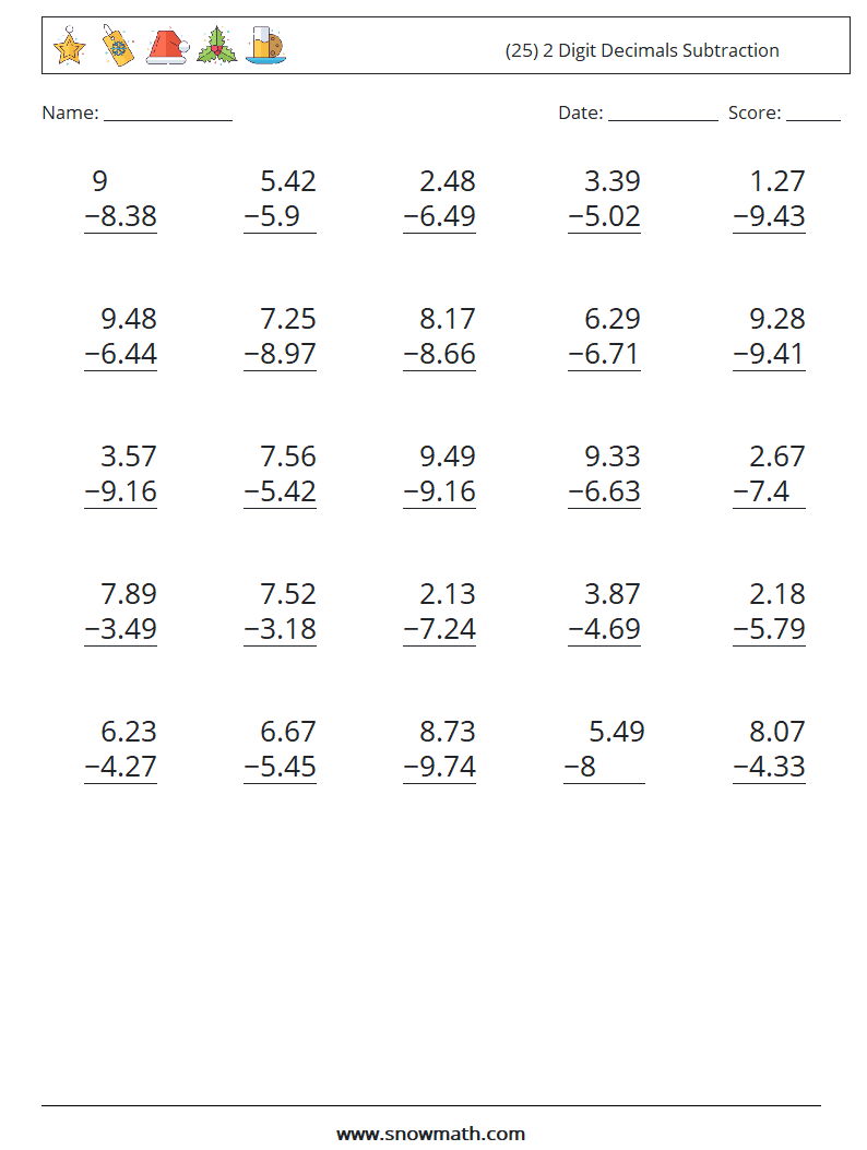 (25) 2 Digit Decimals Subtraction Maths Worksheets 5