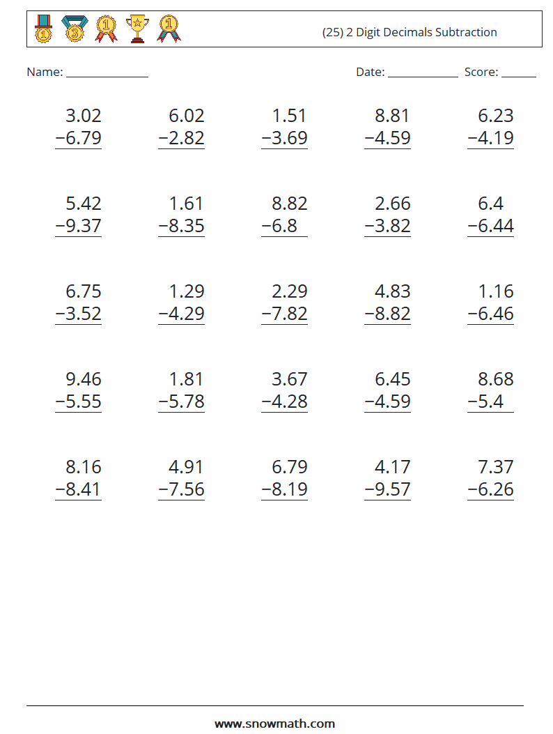 (25) 2 Digit Decimals Subtraction Maths Worksheets 7