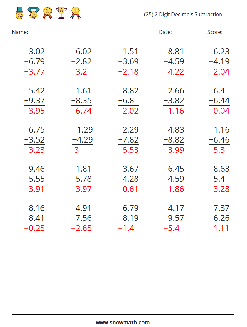 (25) 2 Digit Decimals Subtraction Maths Worksheets 7 Question, Answer