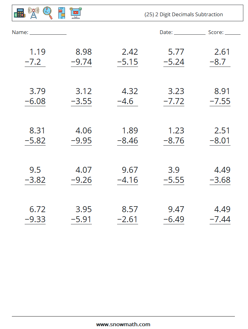 (25) 2 Digit Decimals Subtraction Maths Worksheets 8