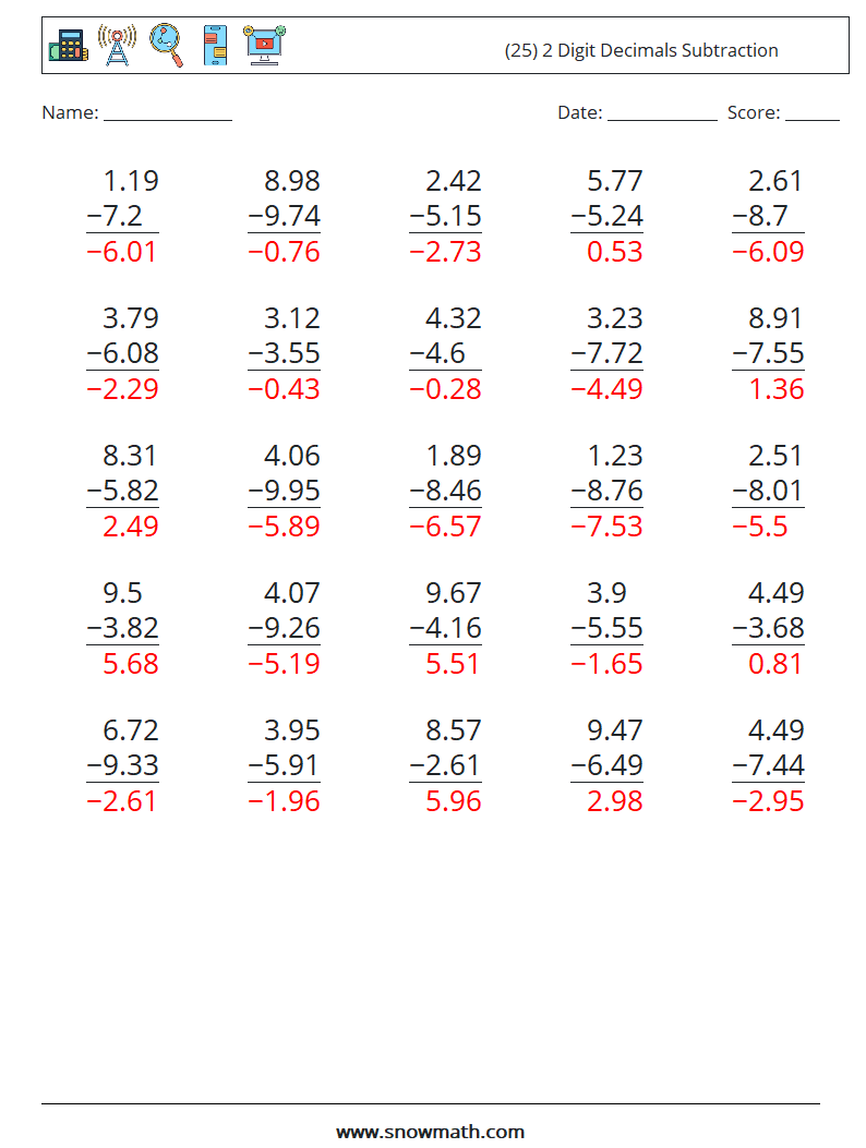 (25) 2 Digit Decimals Subtraction Maths Worksheets 8 Question, Answer