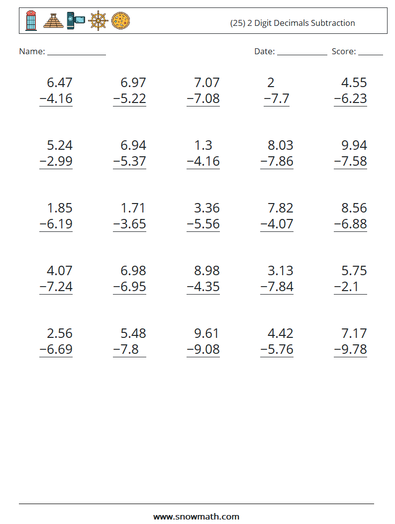 (25) 2 Digit Decimals Subtraction Maths Worksheets 9