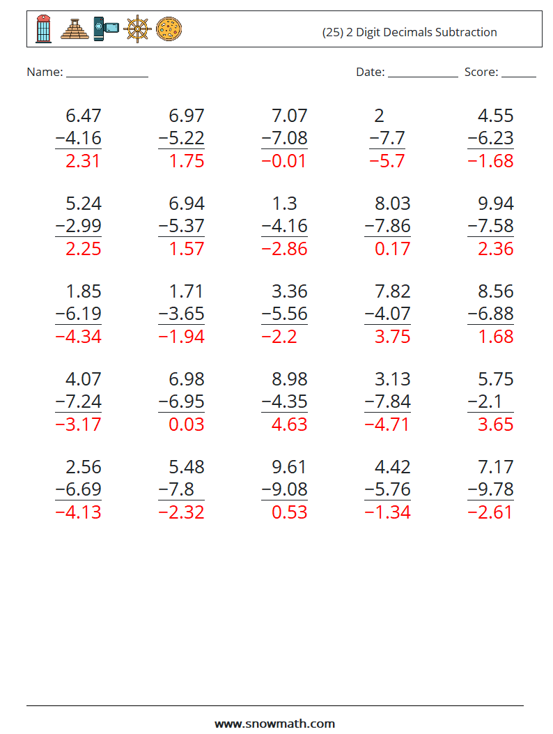 (25) 2 Digit Decimals Subtraction Maths Worksheets 9 Question, Answer