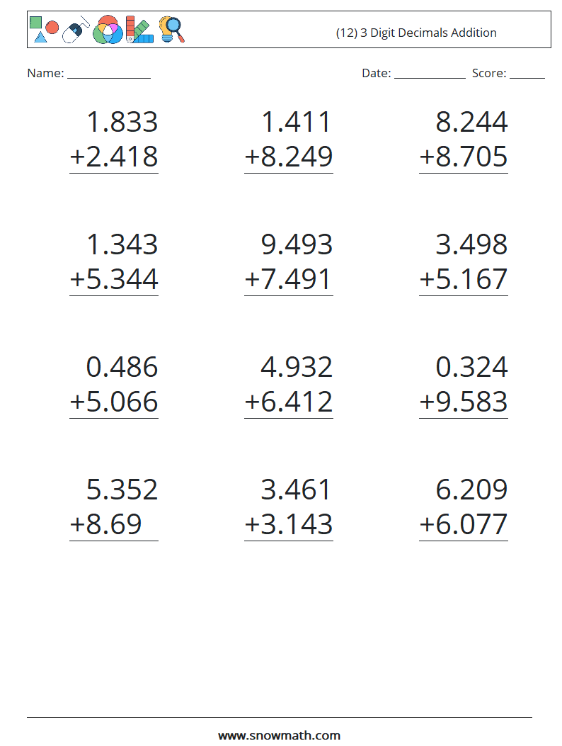 (12) 3 Digit Decimals Addition Maths Worksheets 1