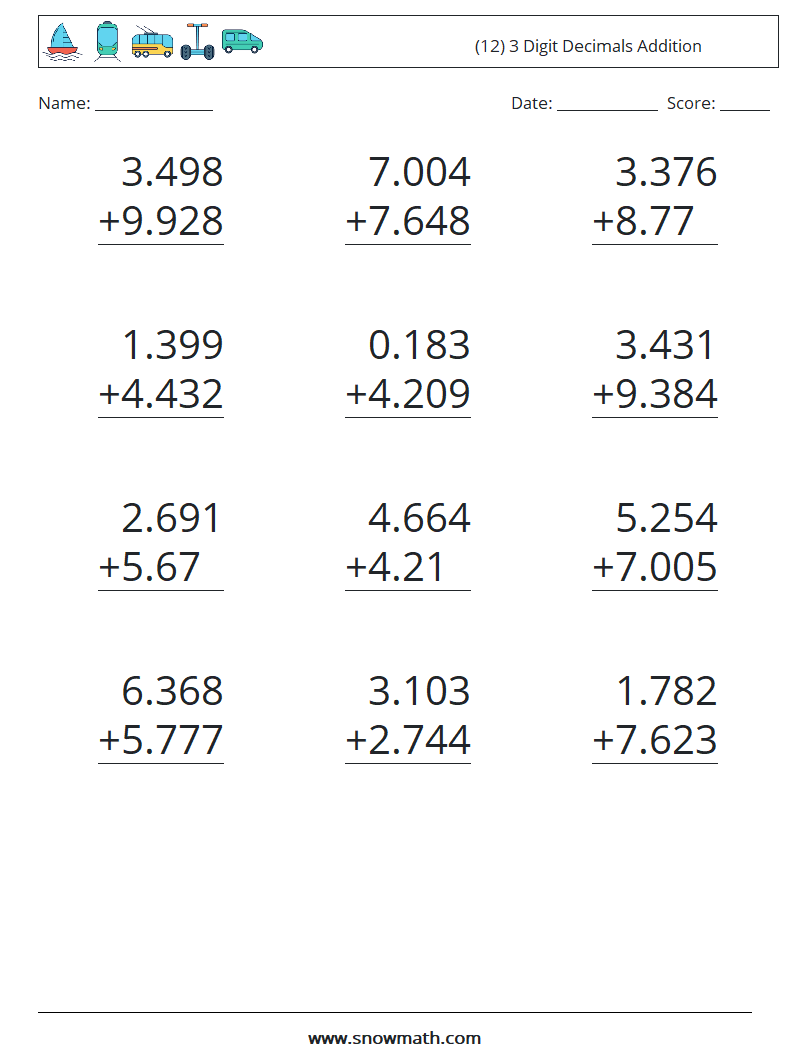 (12) 3 Digit Decimals Addition Maths Worksheets 10