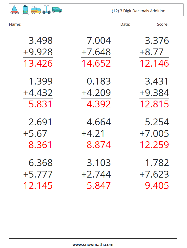 (12) 3 Digit Decimals Addition Maths Worksheets 10 Question, Answer
