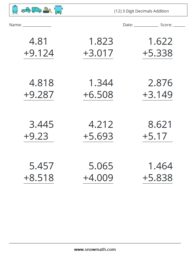 (12) 3 Digit Decimals Addition Maths Worksheets 12