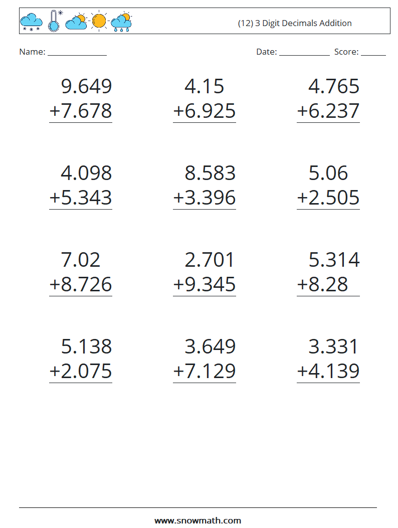 (12) 3 Digit Decimals Addition Maths Worksheets 13