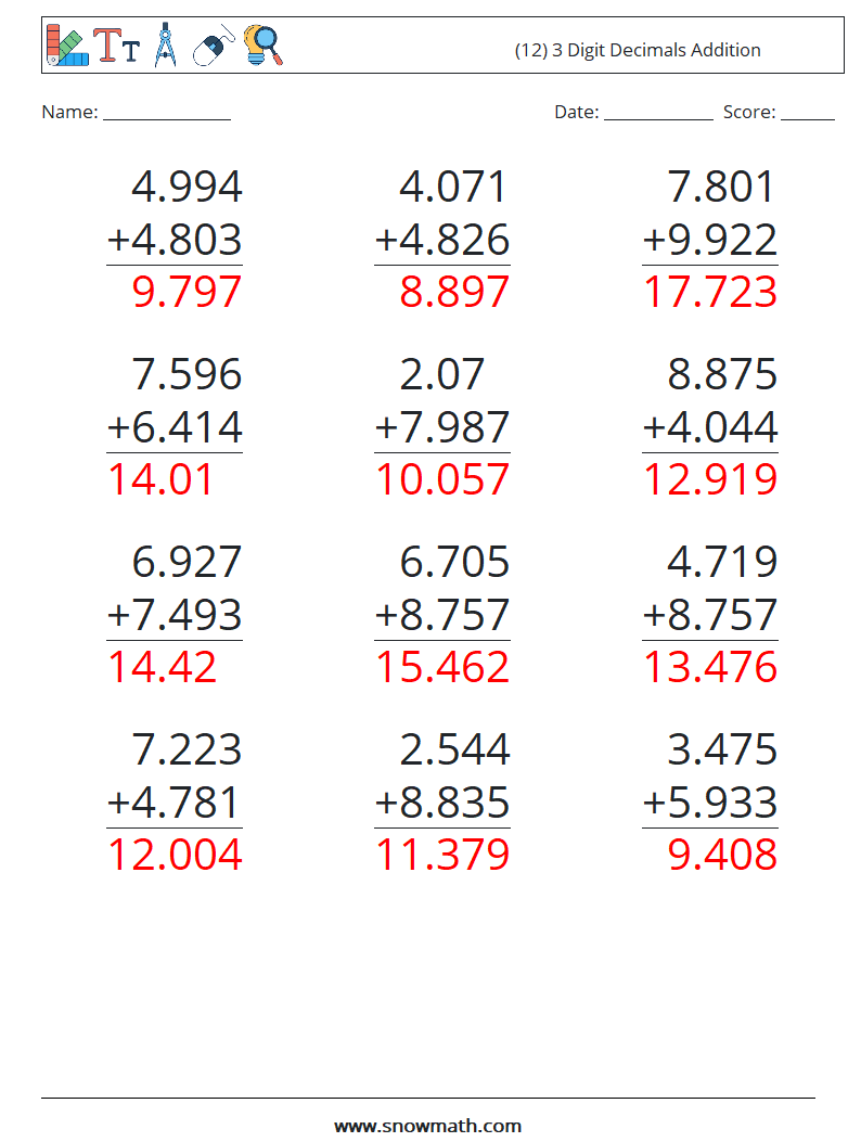 (12) 3 Digit Decimals Addition Maths Worksheets 14 Question, Answer