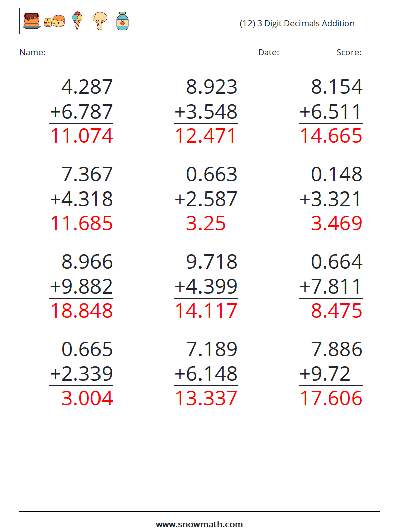 (12) 3 Digit Decimals Addition Maths Worksheets 15 Question, Answer