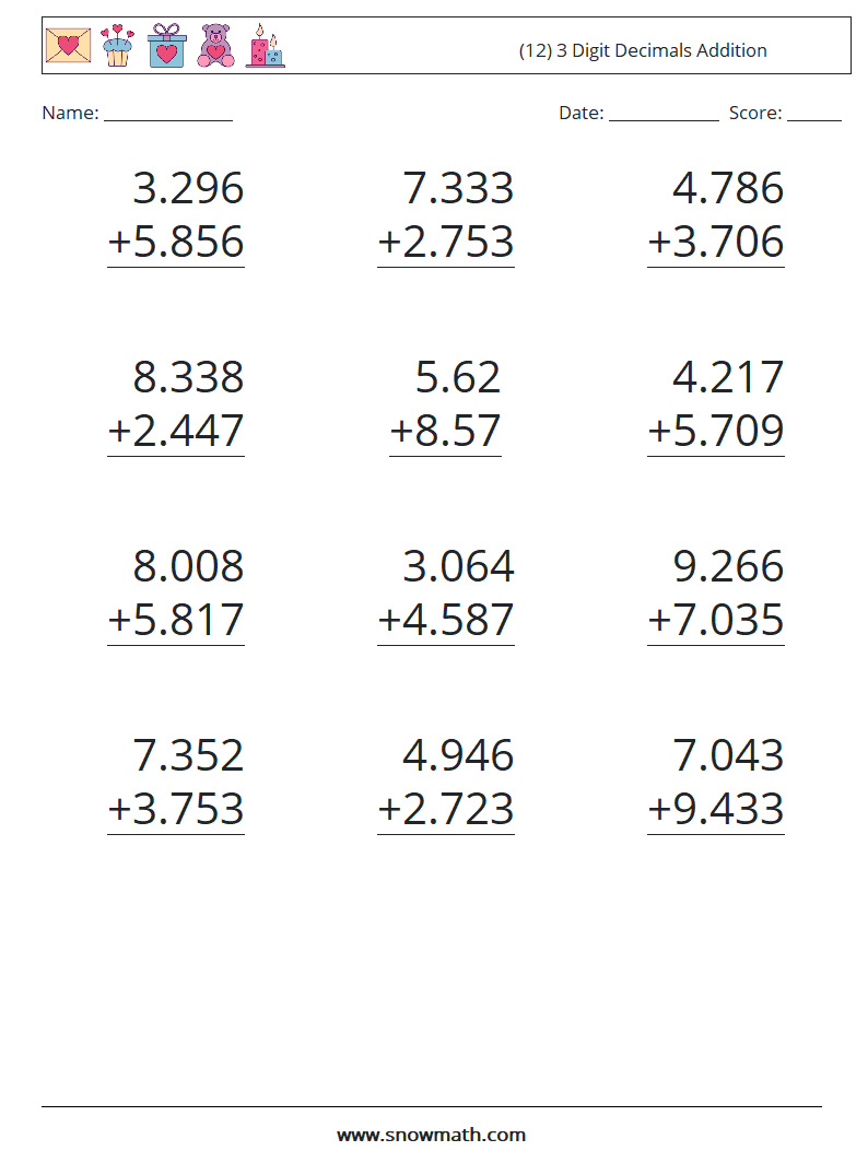 (12) 3 Digit Decimals Addition Maths Worksheets 16