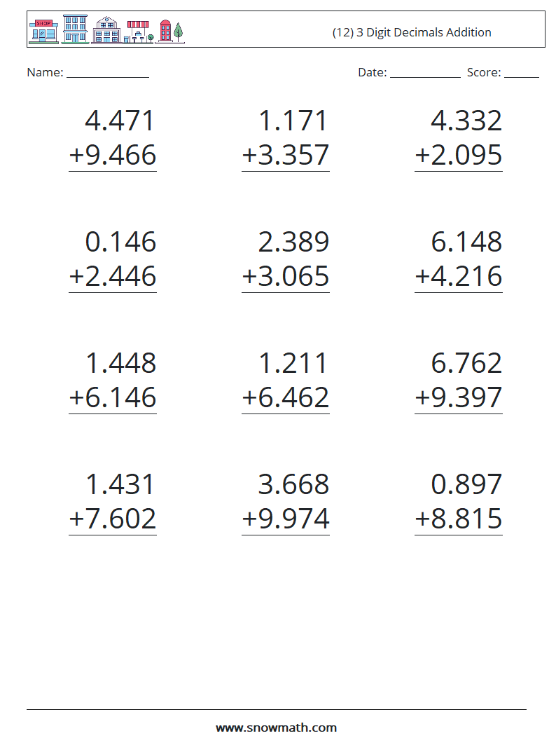 (12) 3 Digit Decimals Addition Maths Worksheets 17