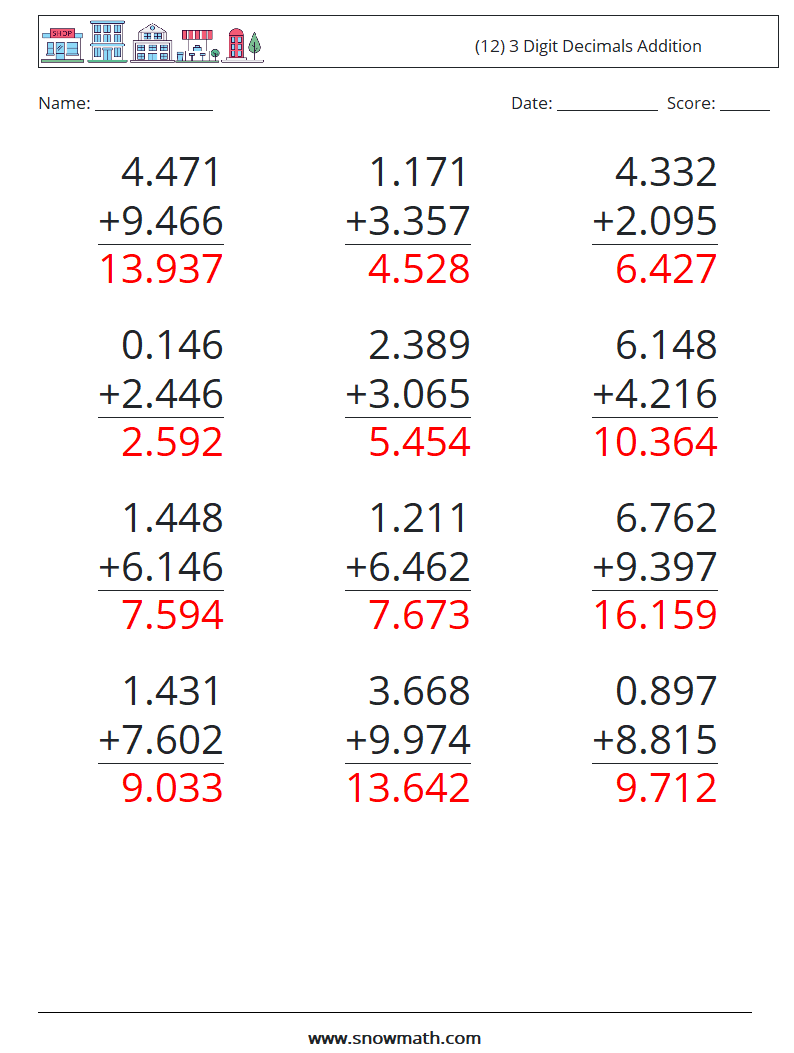 (12) 3 Digit Decimals Addition Maths Worksheets 17 Question, Answer