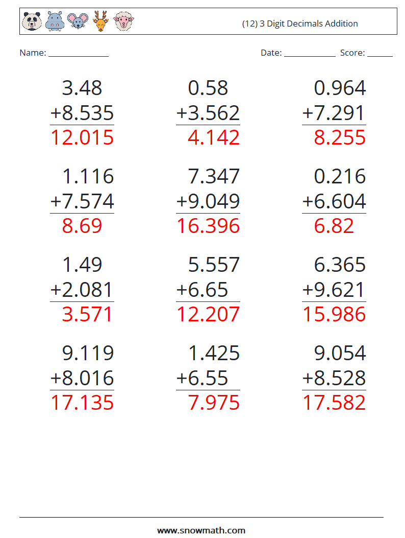 (12) 3 Digit Decimals Addition Maths Worksheets 18 Question, Answer