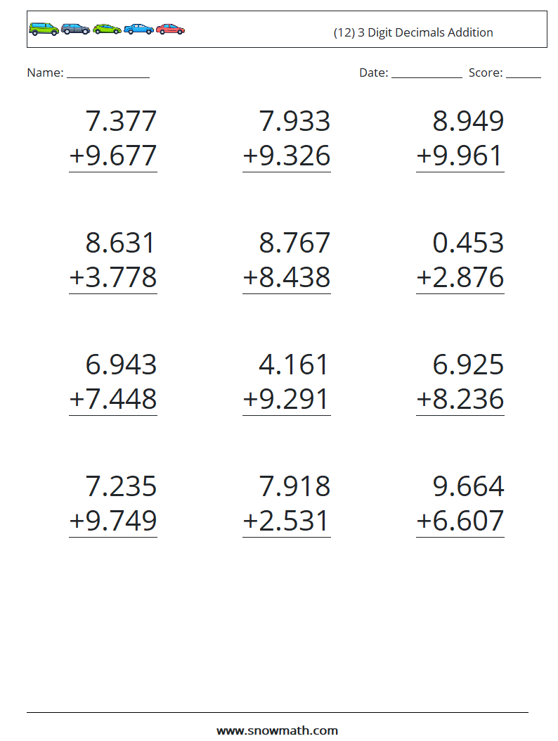 (12) 3 Digit Decimals Addition Maths Worksheets 2