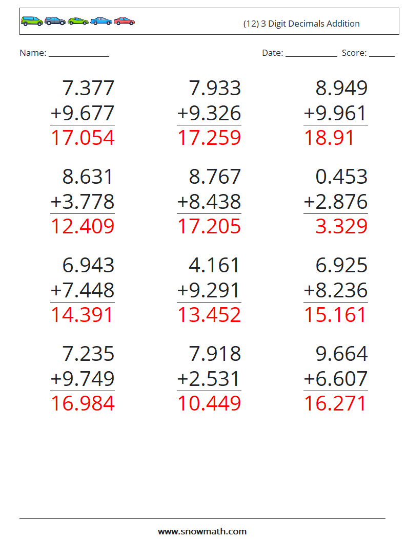 (12) 3 Digit Decimals Addition Maths Worksheets 2 Question, Answer