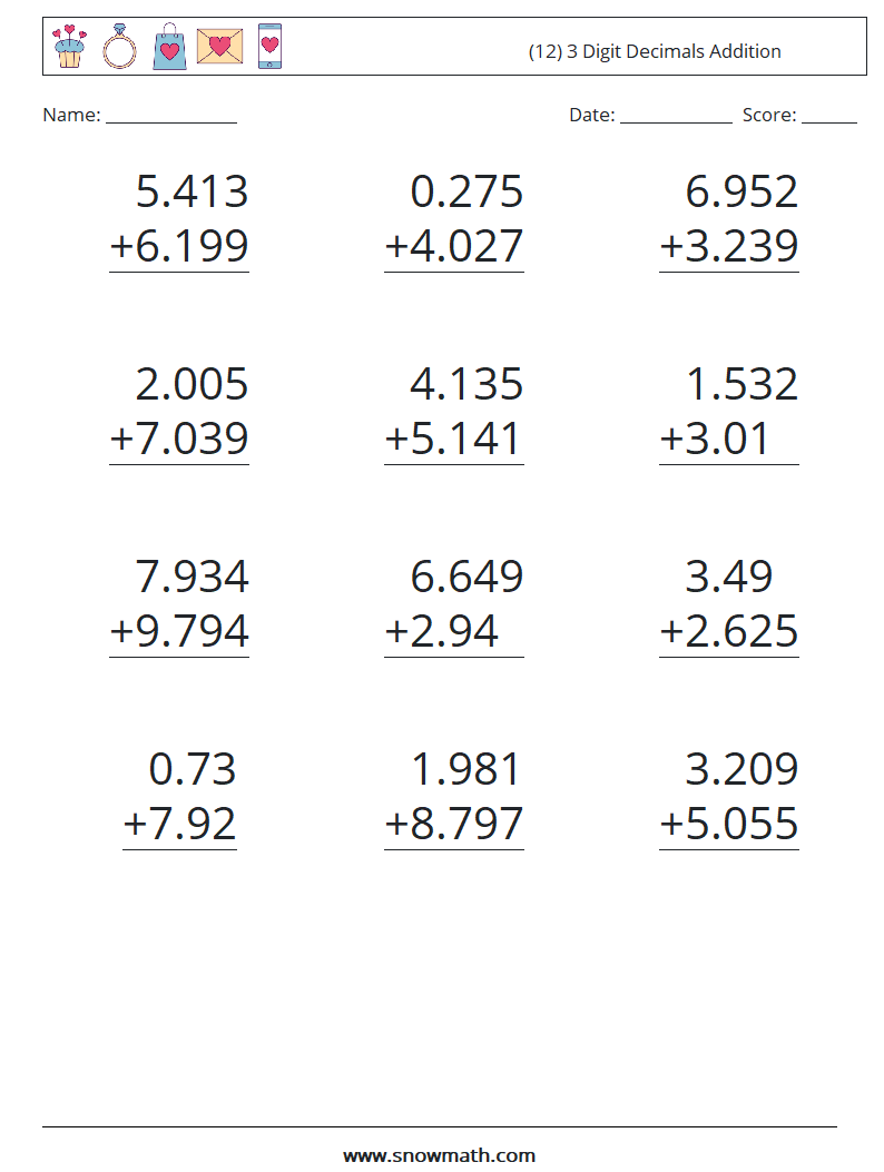 (12) 3 Digit Decimals Addition Maths Worksheets 3