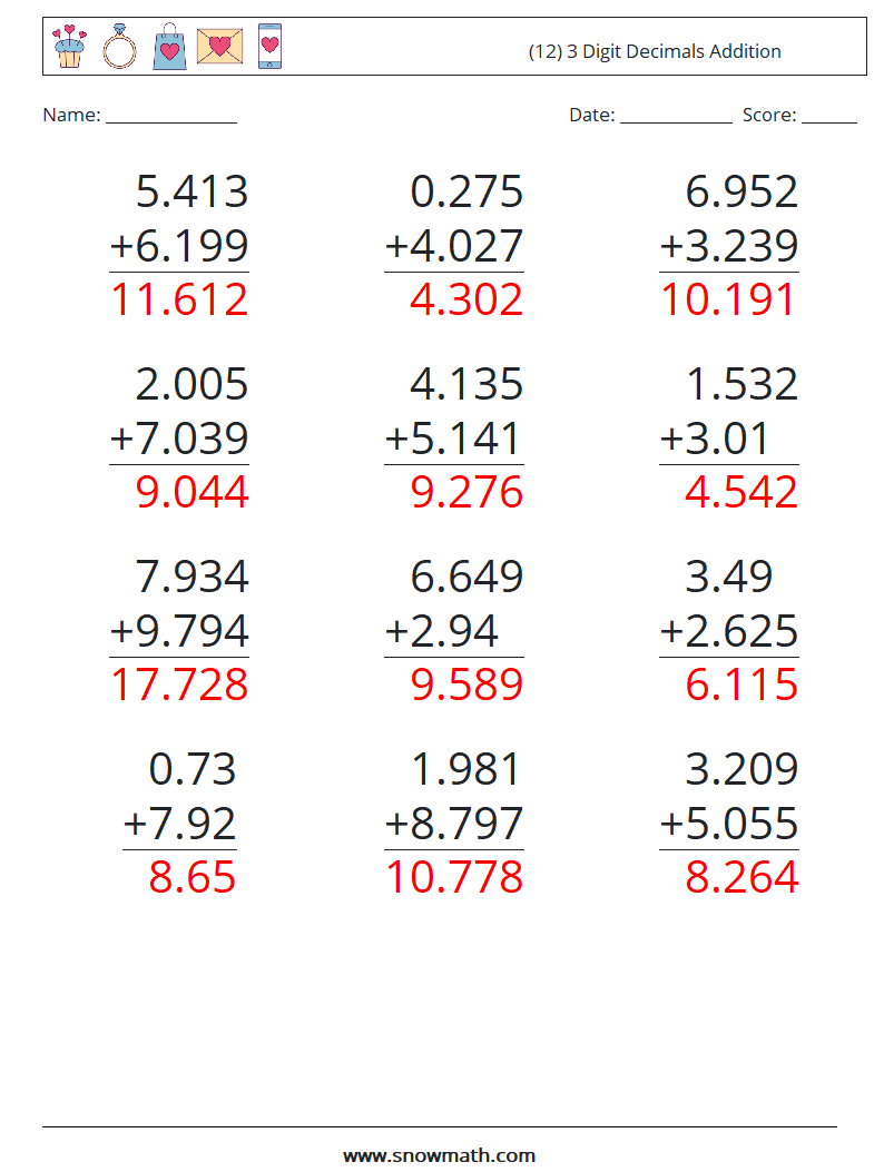 (12) 3 Digit Decimals Addition Maths Worksheets 3 Question, Answer