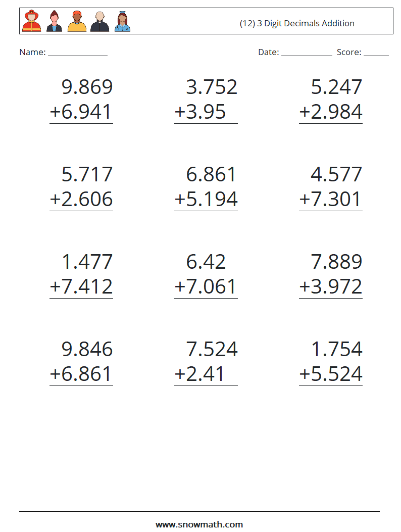 (12) 3 Digit Decimals Addition Maths Worksheets 4