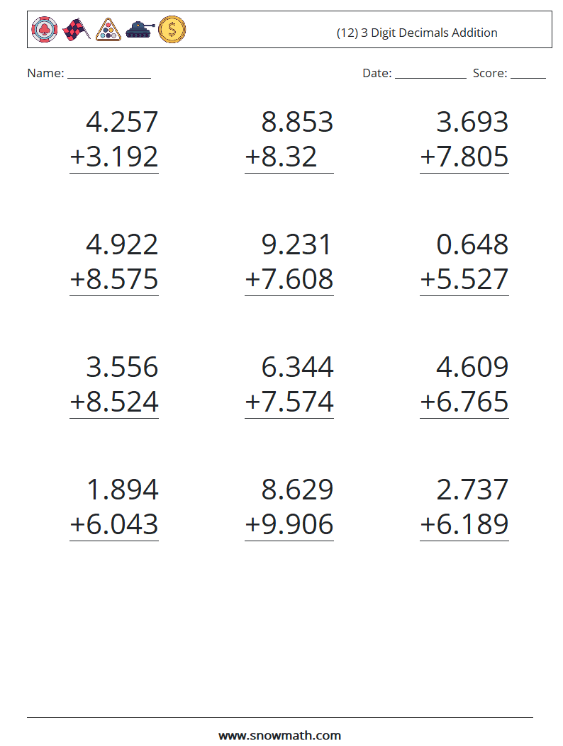 (12) 3 Digit Decimals Addition Maths Worksheets 6