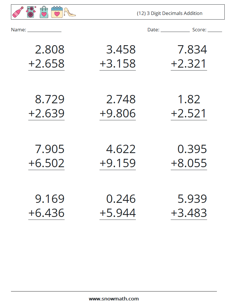 (12) 3 Digit Decimals Addition Maths Worksheets 7