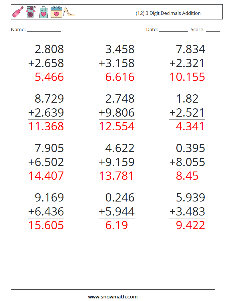 (12) 3 Digit Decimals Addition Maths Worksheets 7 Question, Answer