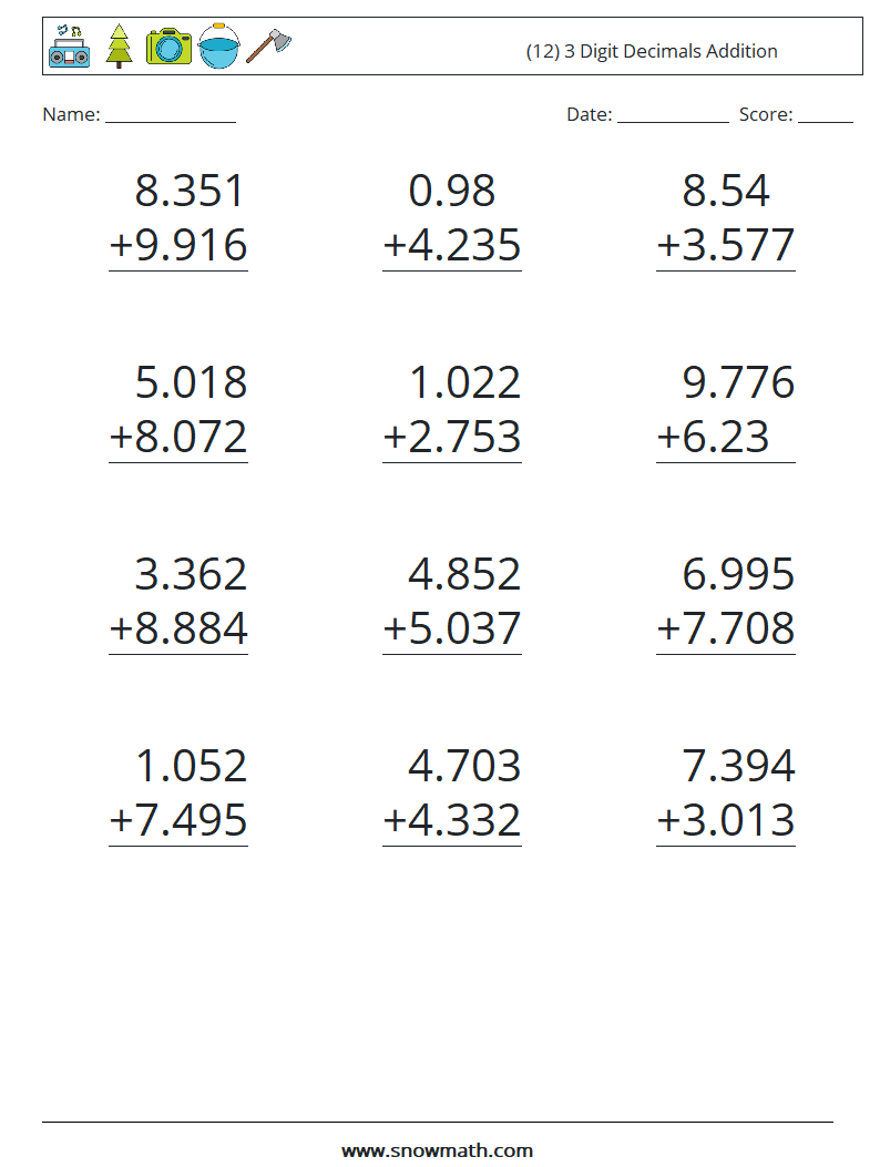 (12) 3 Digit Decimals Addition Maths Worksheets 8