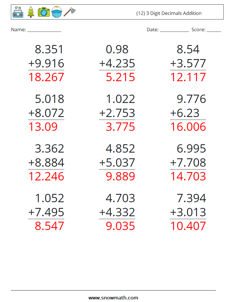 (12) 3 Digit Decimals Addition Maths Worksheets 8 Question, Answer