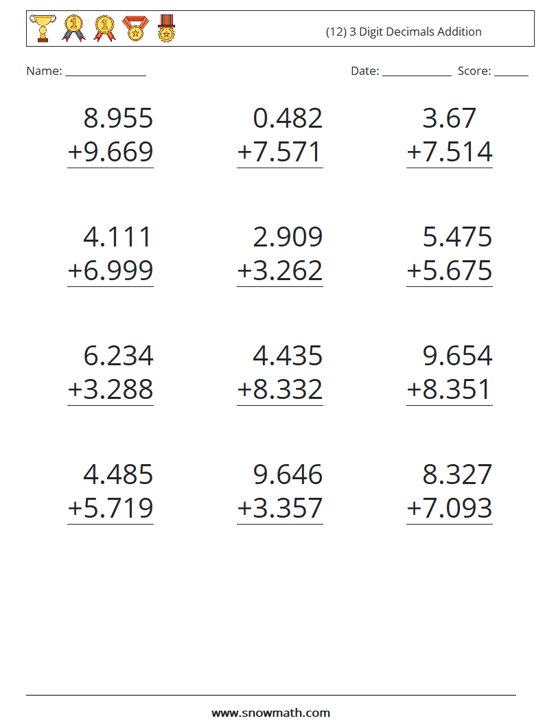 (12) 3 Digit Decimals Addition Maths Worksheets 9