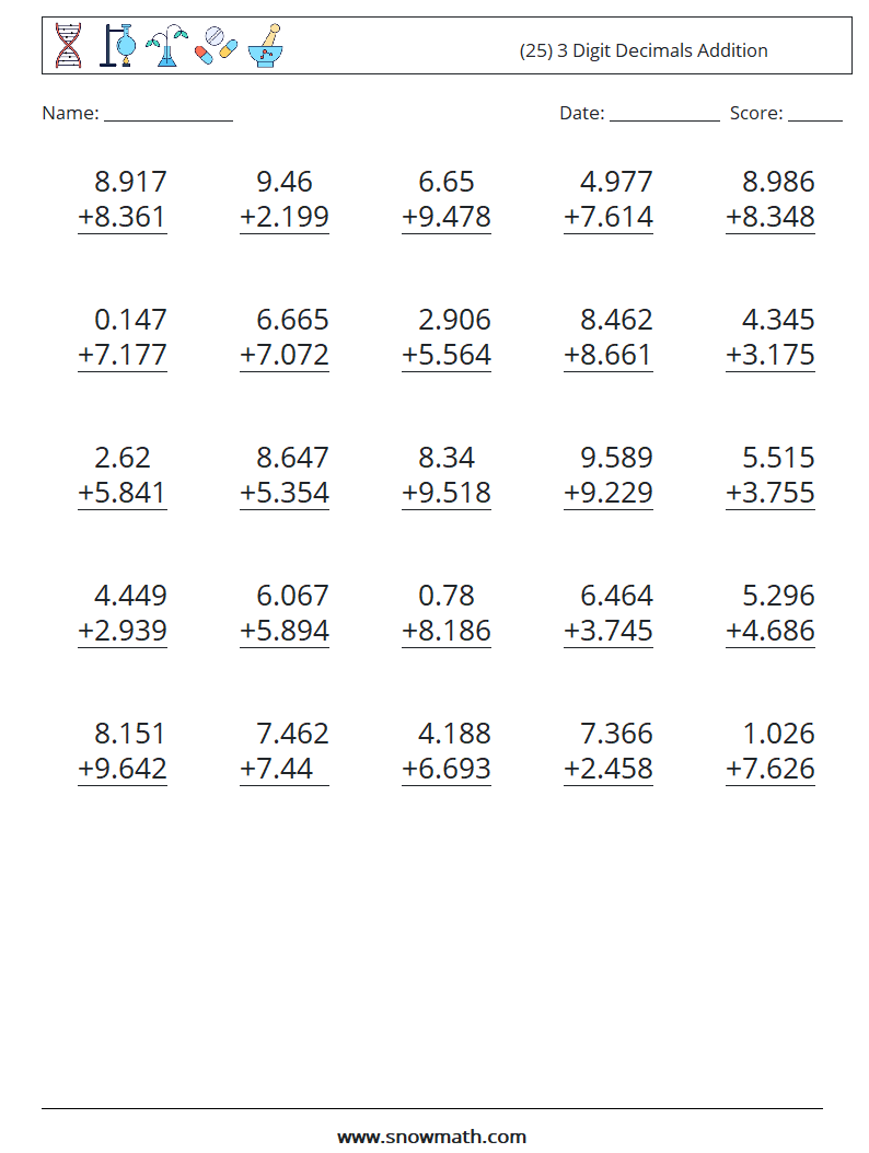 (25) 3 Digit Decimals Addition Maths Worksheets 1