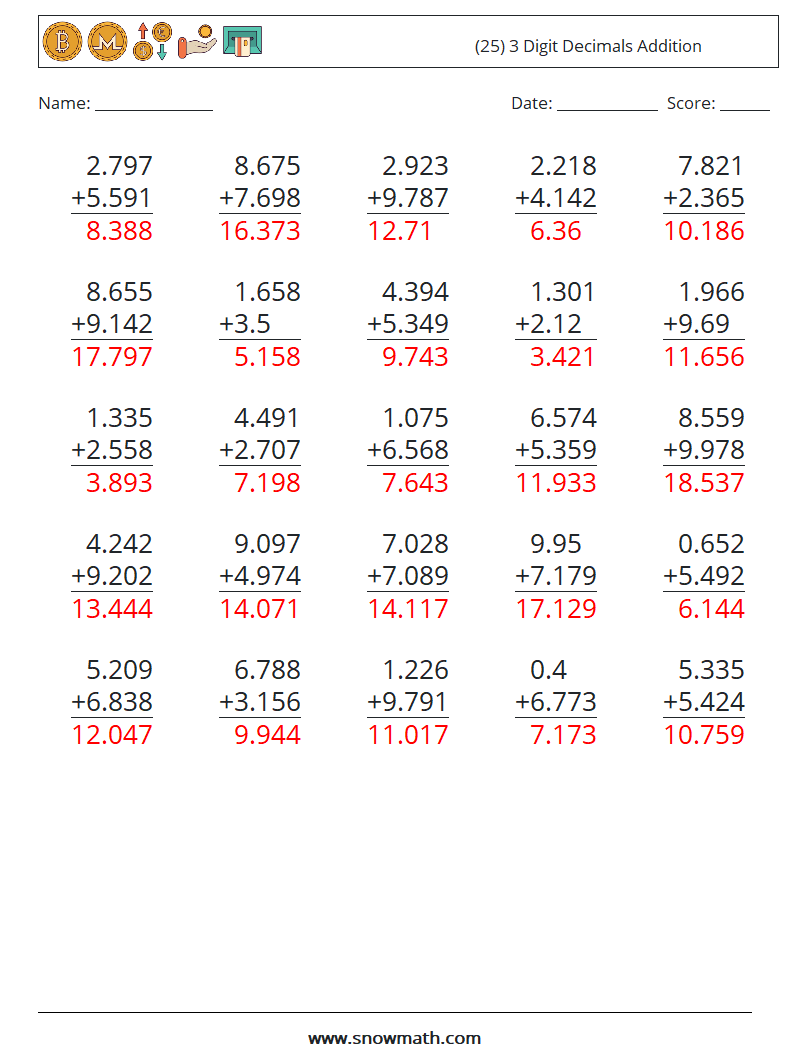 (25) 3 Digit Decimals Addition Maths Worksheets 11 Question, Answer