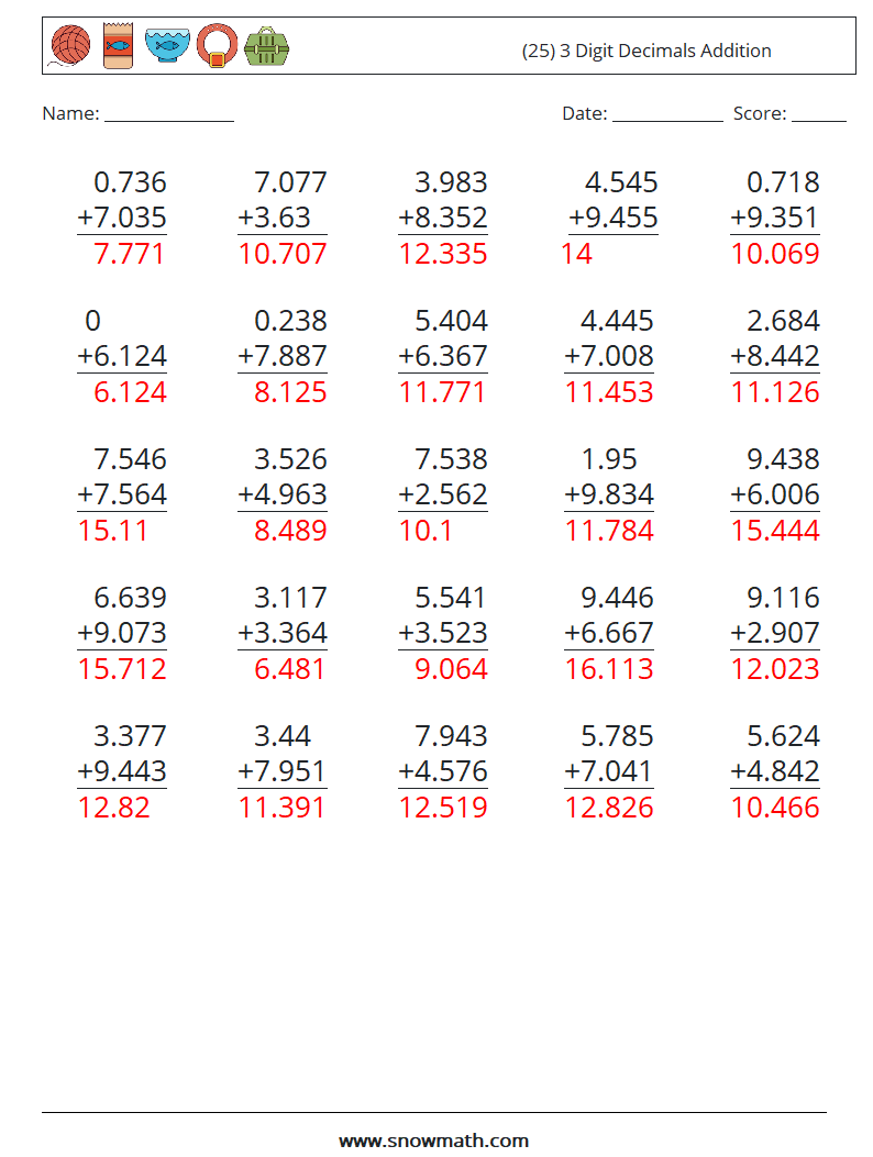 (25) 3 Digit Decimals Addition Maths Worksheets 12 Question, Answer