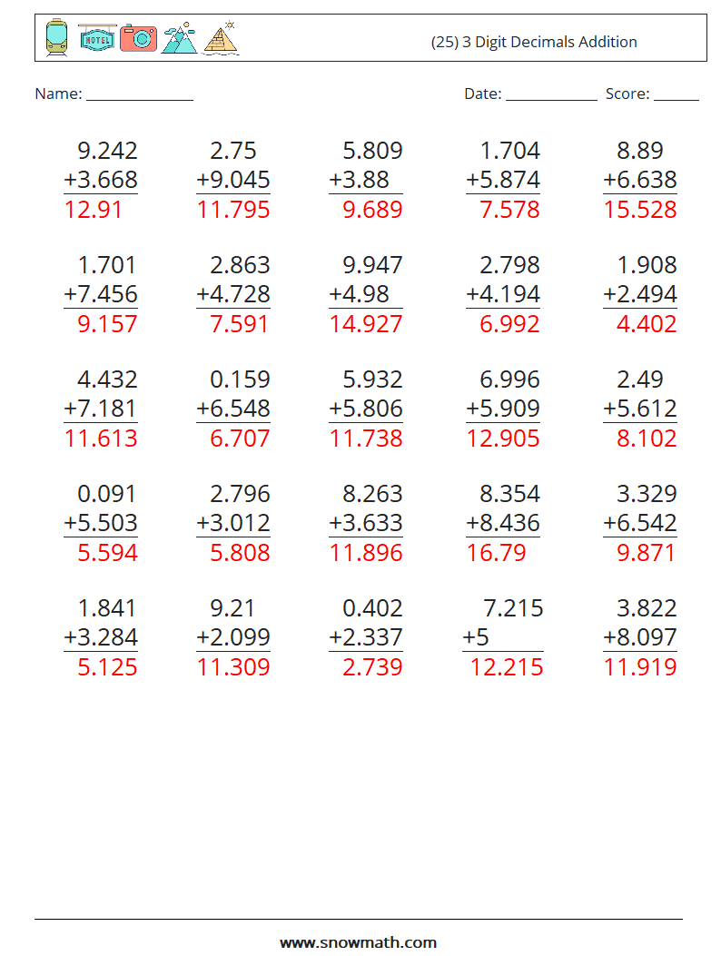 (25) 3 Digit Decimals Addition Maths Worksheets 18 Question, Answer