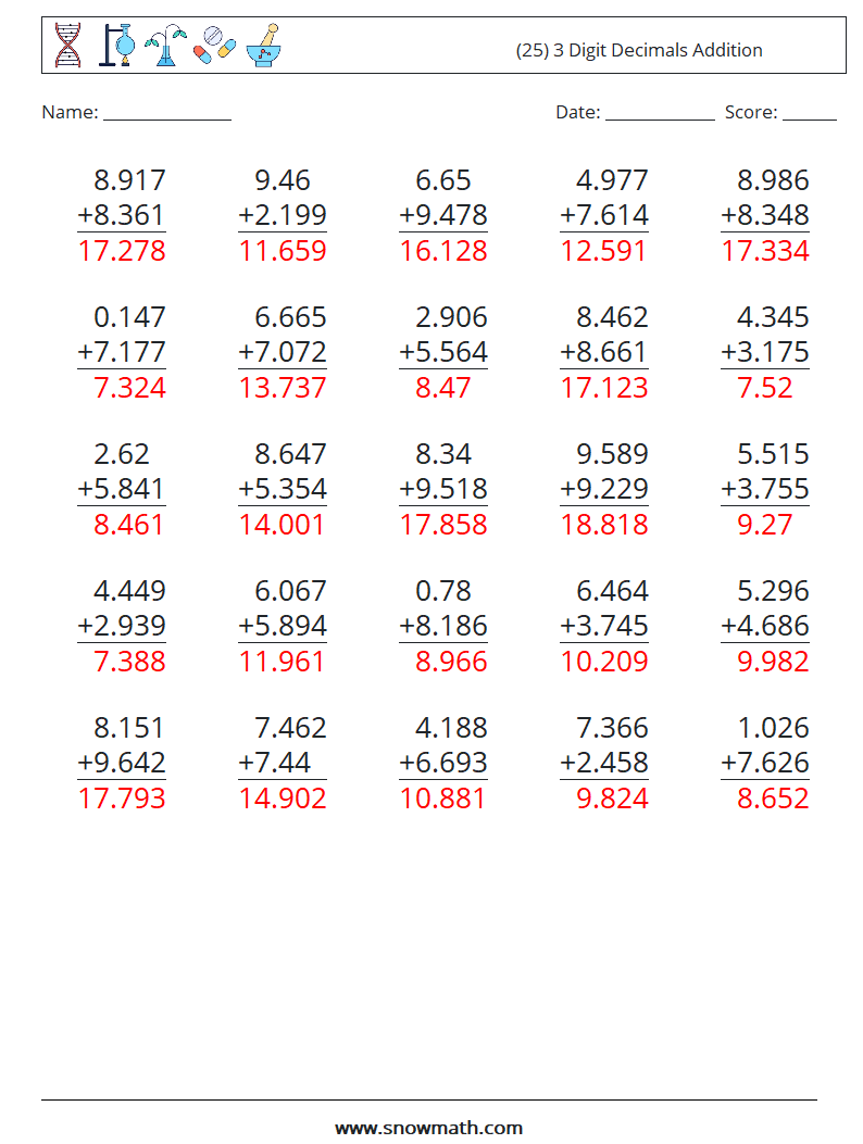 (25) 3 Digit Decimals Addition Maths Worksheets 1 Question, Answer