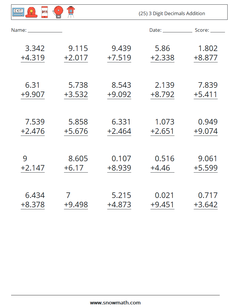 (25) 3 Digit Decimals Addition Maths Worksheets 2