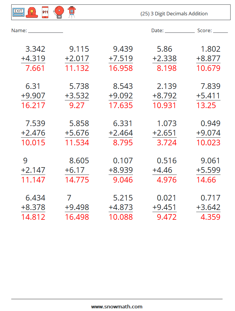 (25) 3 Digit Decimals Addition Maths Worksheets 2 Question, Answer