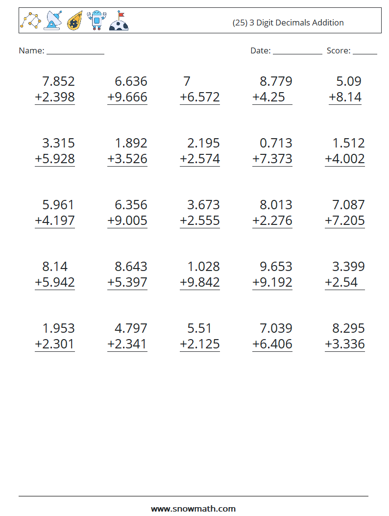 (25) 3 Digit Decimals Addition Maths Worksheets 3