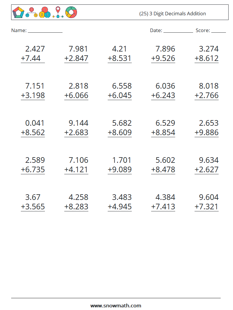 (25) 3 Digit Decimals Addition Maths Worksheets 4