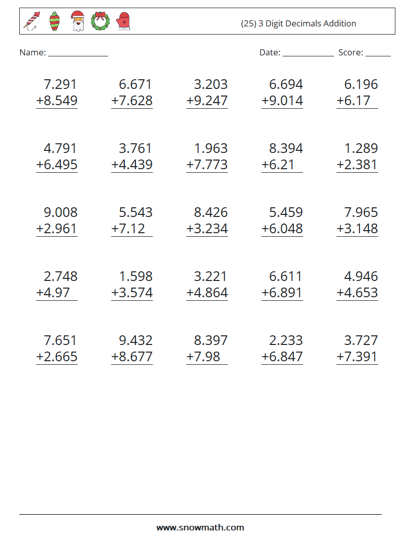(25) 3 Digit Decimals Addition Maths Worksheets 6