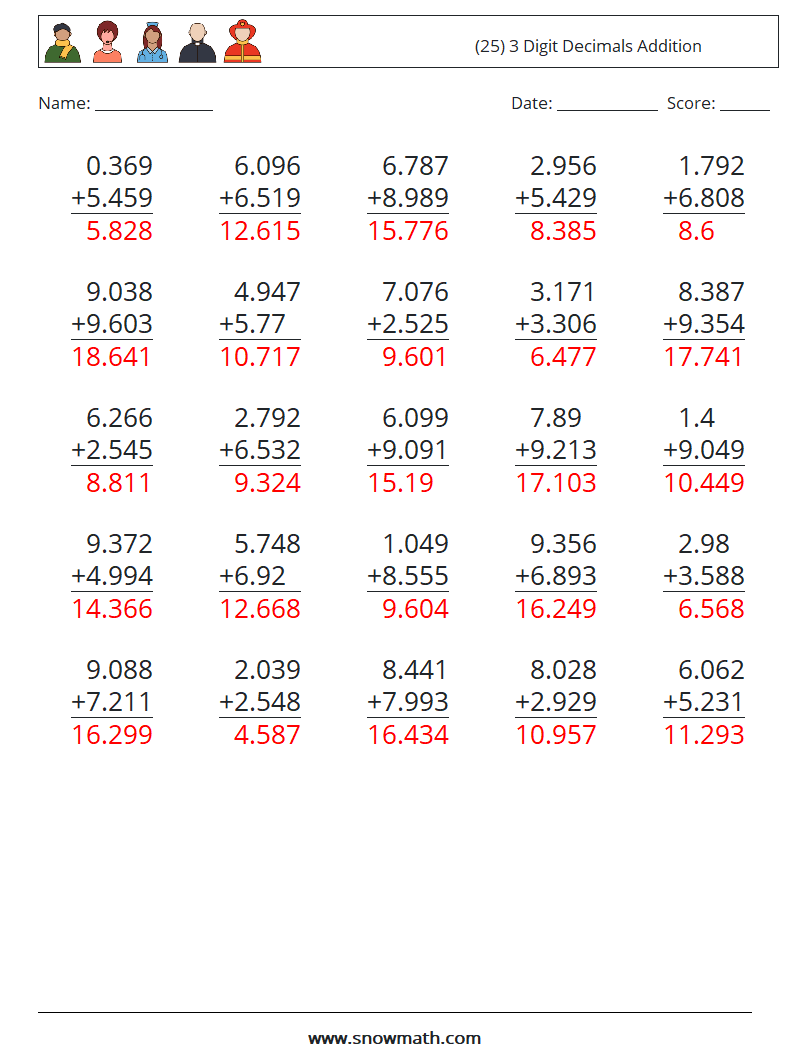 (25) 3 Digit Decimals Addition Maths Worksheets 7 Question, Answer