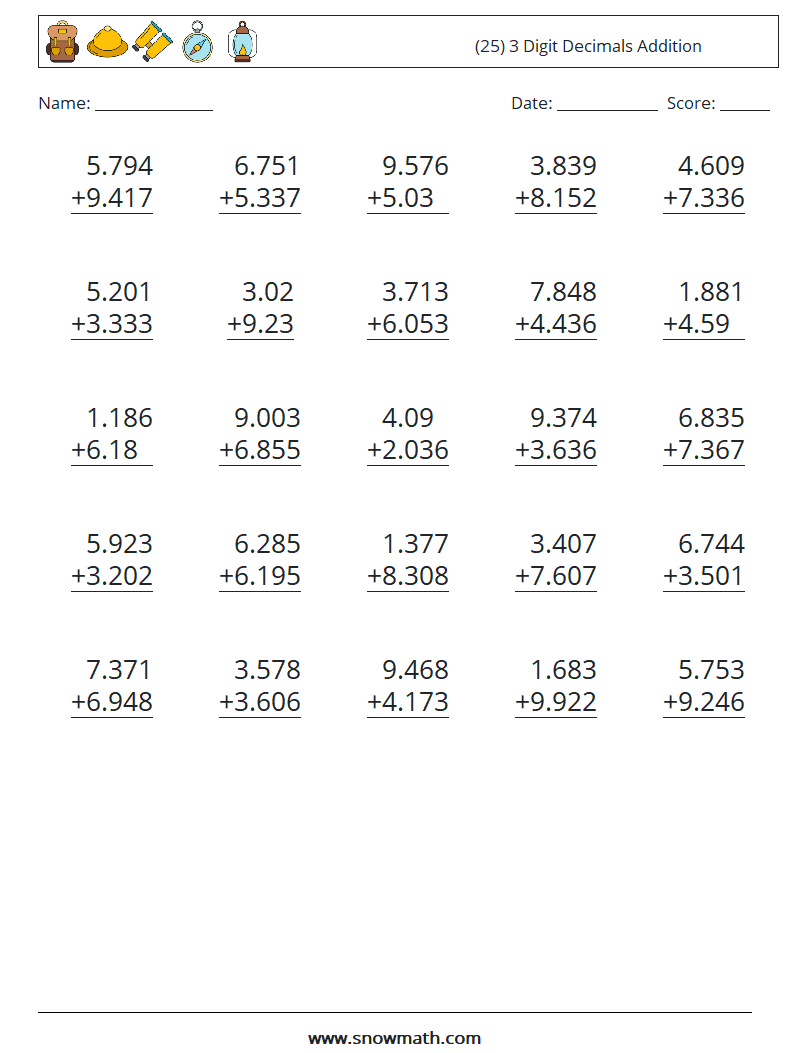 (25) 3 Digit Decimals Addition Maths Worksheets 8