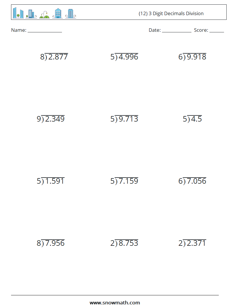 (12) 3 Digit Decimals Division Maths Worksheets 1