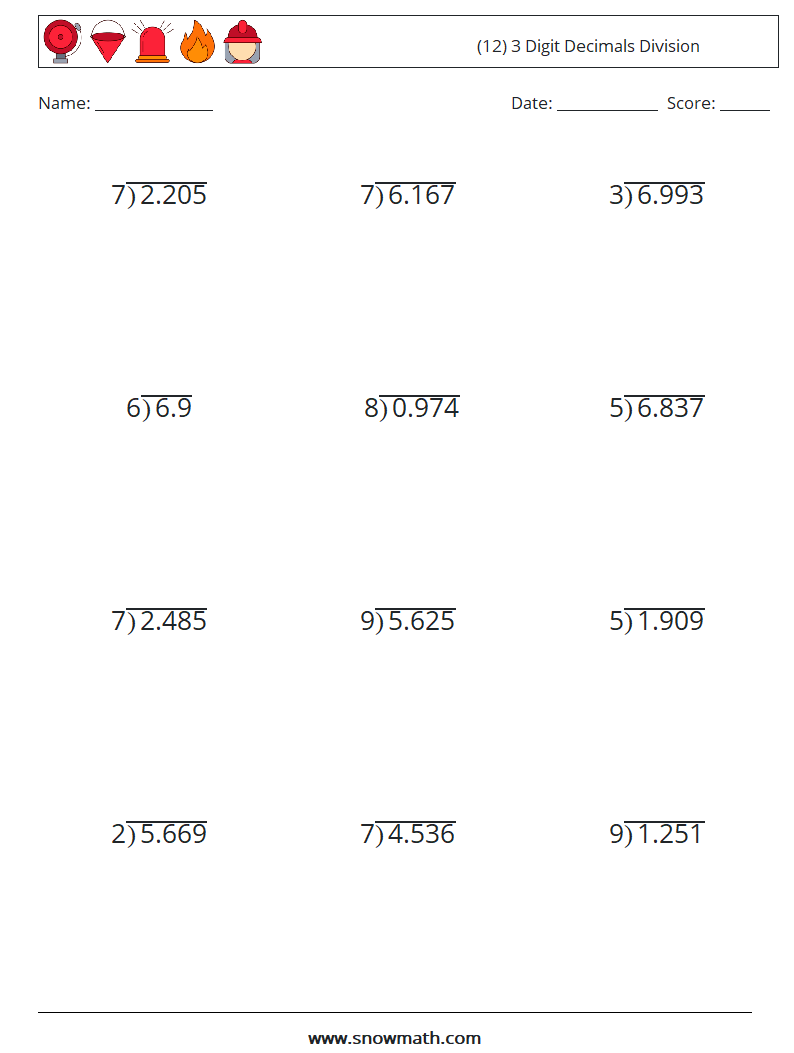 (12) 3 Digit Decimals Division Maths Worksheets 10