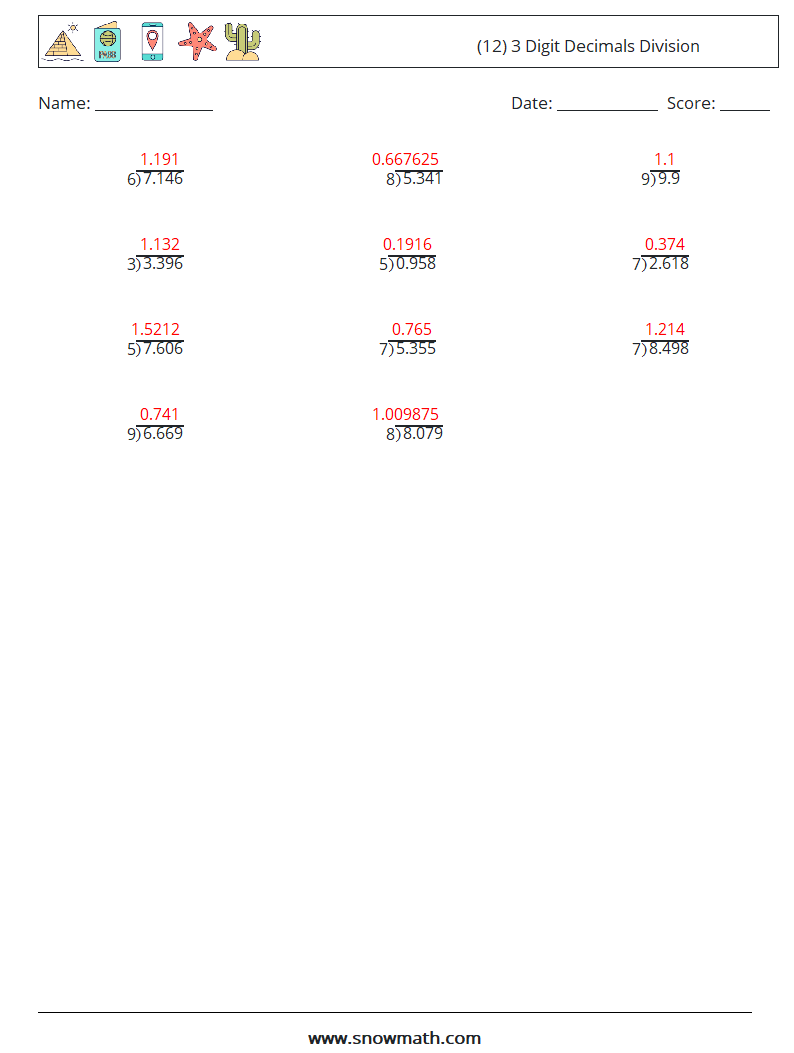 (12) 3 Digit Decimals Division Maths Worksheets 13 Question, Answer