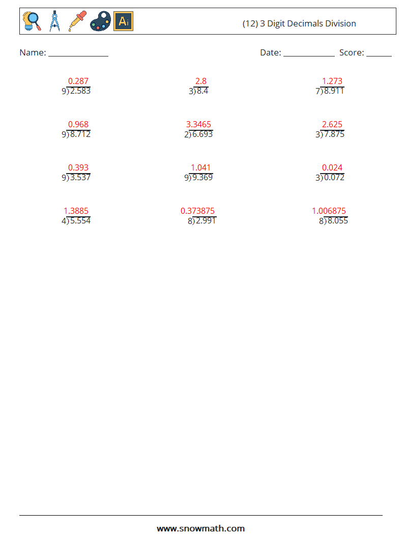 (12) 3 Digit Decimals Division Maths Worksheets 15 Question, Answer