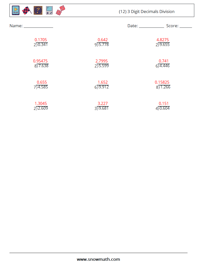 (12) 3 Digit Decimals Division Maths Worksheets 16 Question, Answer